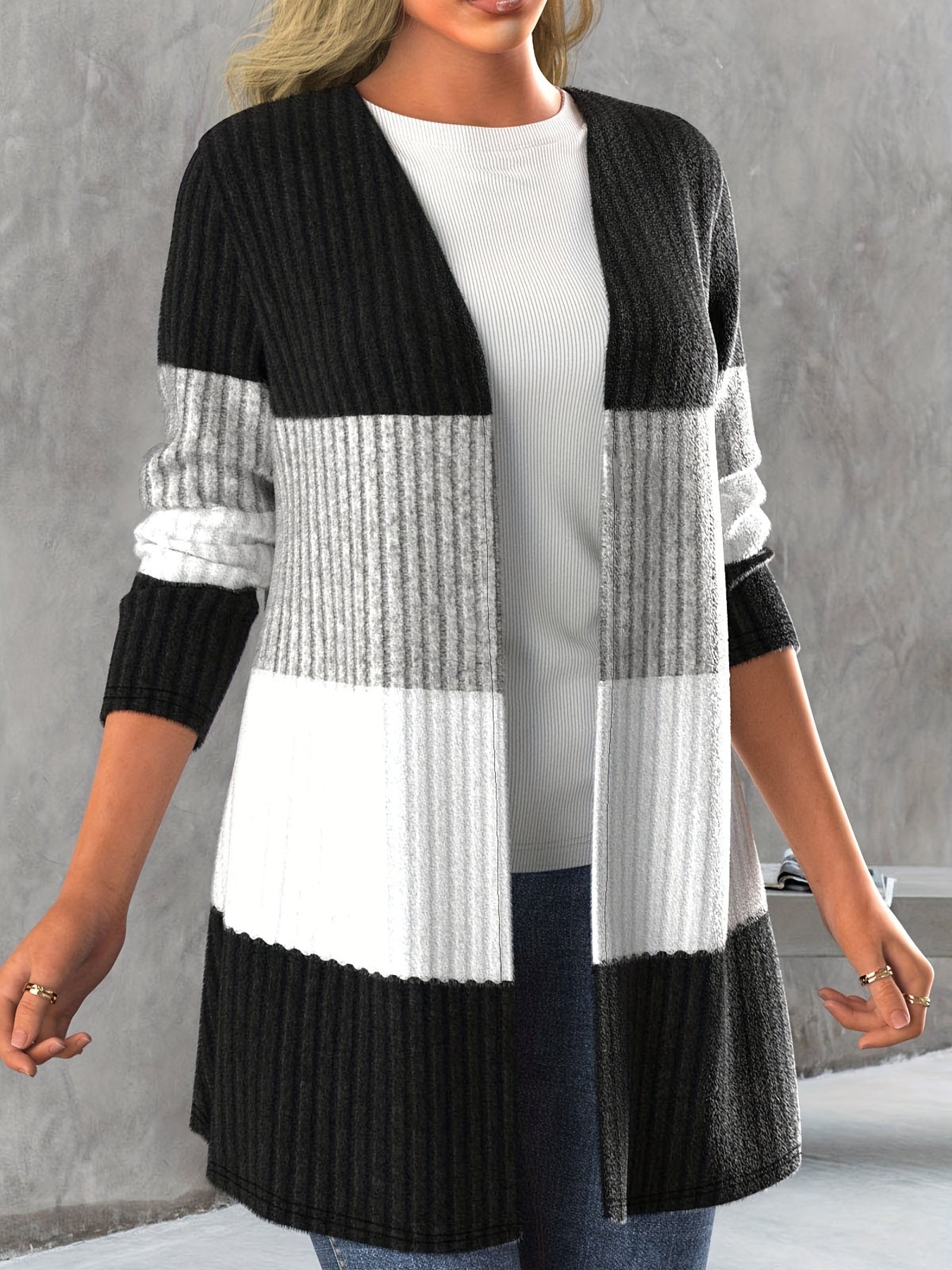 Color Block Open Front Cardigan, Versatile Long Sleeve Knit Outwear For Spring & Fall, Women's Clothing