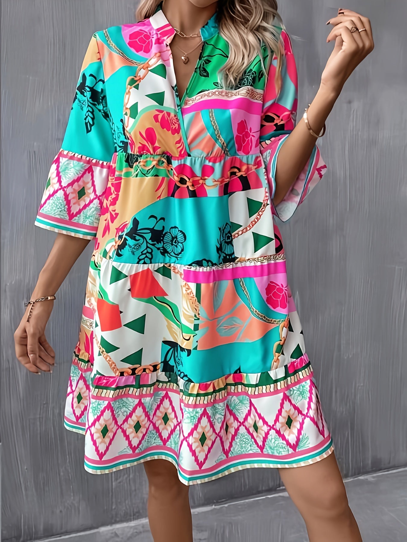 Ethnic Style V Neck Dress, Elegant Short Sleeve Trapeze Dress For Spring & Summer, Women's Clothing