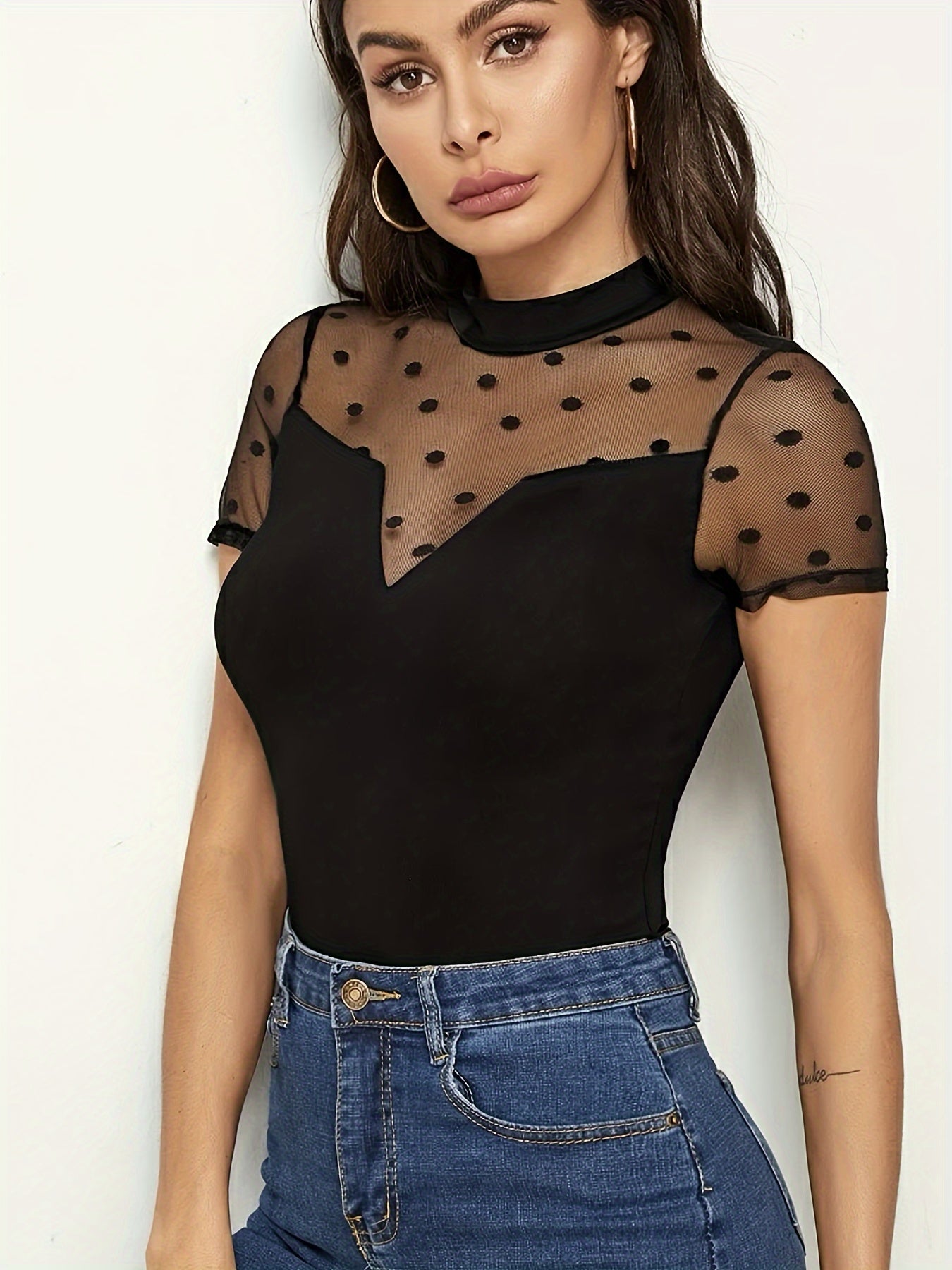 Polka Dot Contrast Mesh Slim T-shirt, Elegant Mock Neck Short Sleeve Top For Spring & Summer, Women's Clothing