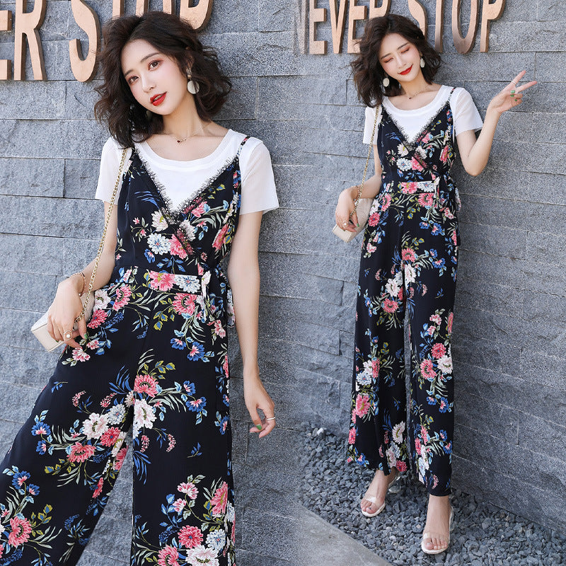 Two-piece strap pants European station women's 2021 summer T-shirt floral wide legs fashion suite women