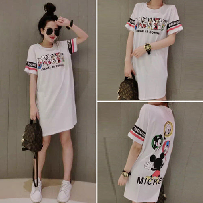 European station 2020 summer new loose large size fashion print cartoon short-sleeved long section T-shirt dress female