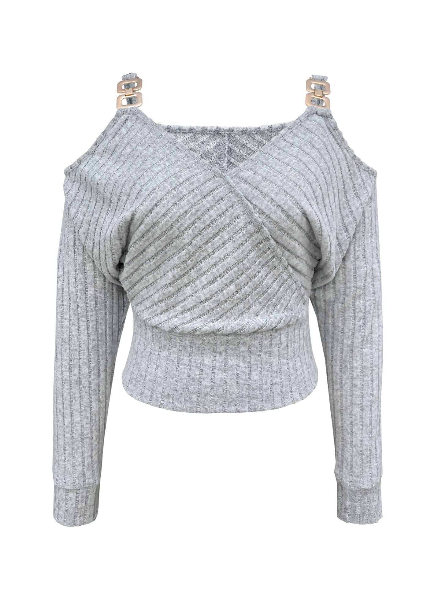Ribbed Knit Chain Strap T-shirt, Long Sleeve Casual Tee For Fall & Spring, Women's Clothing