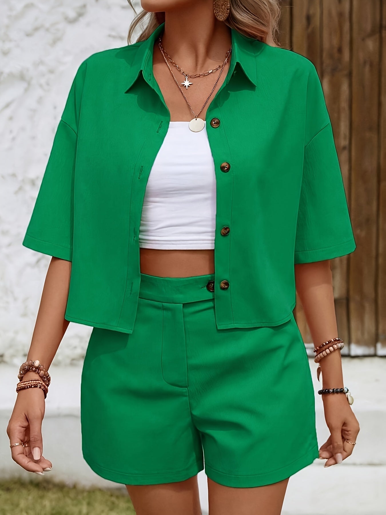 Solid Vacation Two-piece Set, Button Front Short Sleeve Top & Shorts Outfits, Women's Clothing