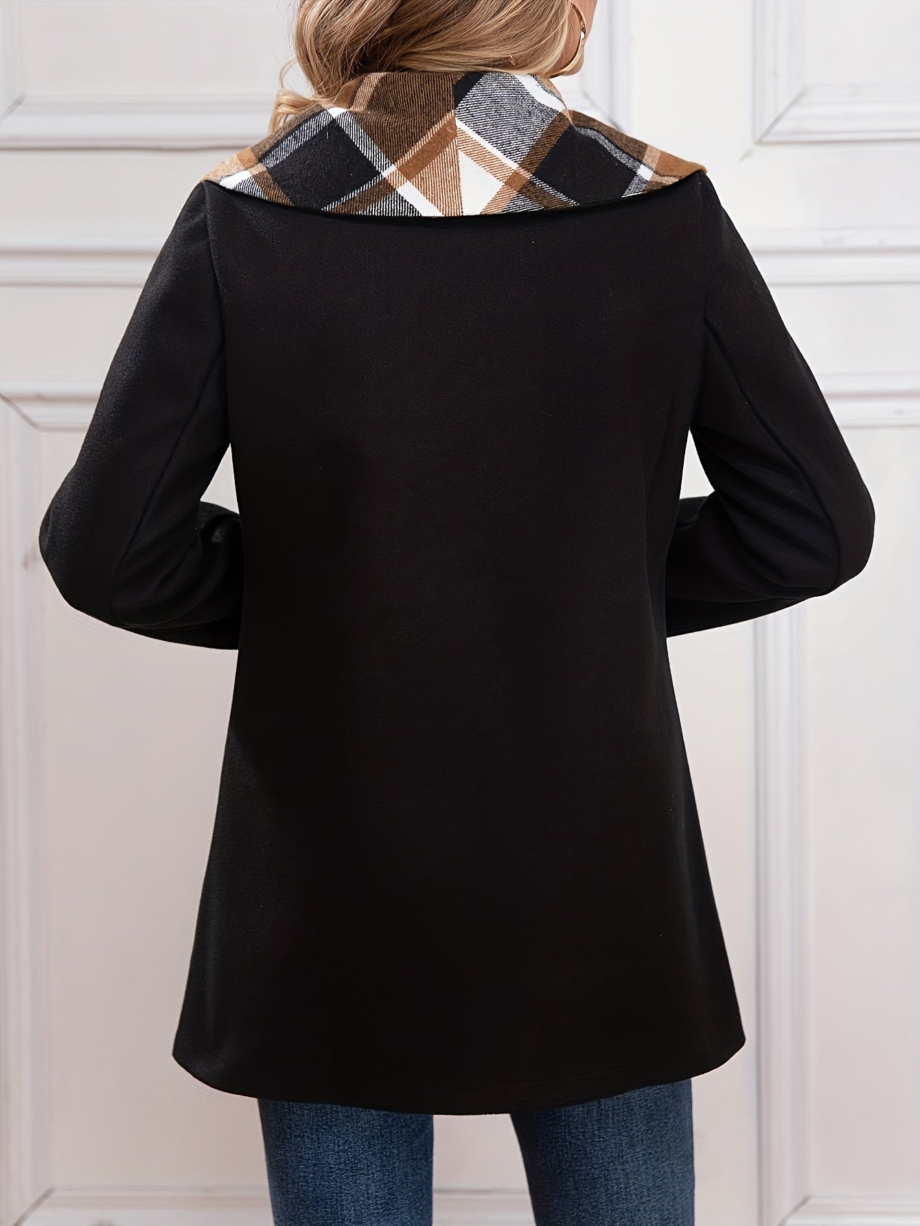 Cappotto Con Motivo Scozzese Taglie Forti, Capispalla Casual Con Risvolto A Maniche Lunghe Per L'autunno, Abbigliamento Taglie Forti Da Donna