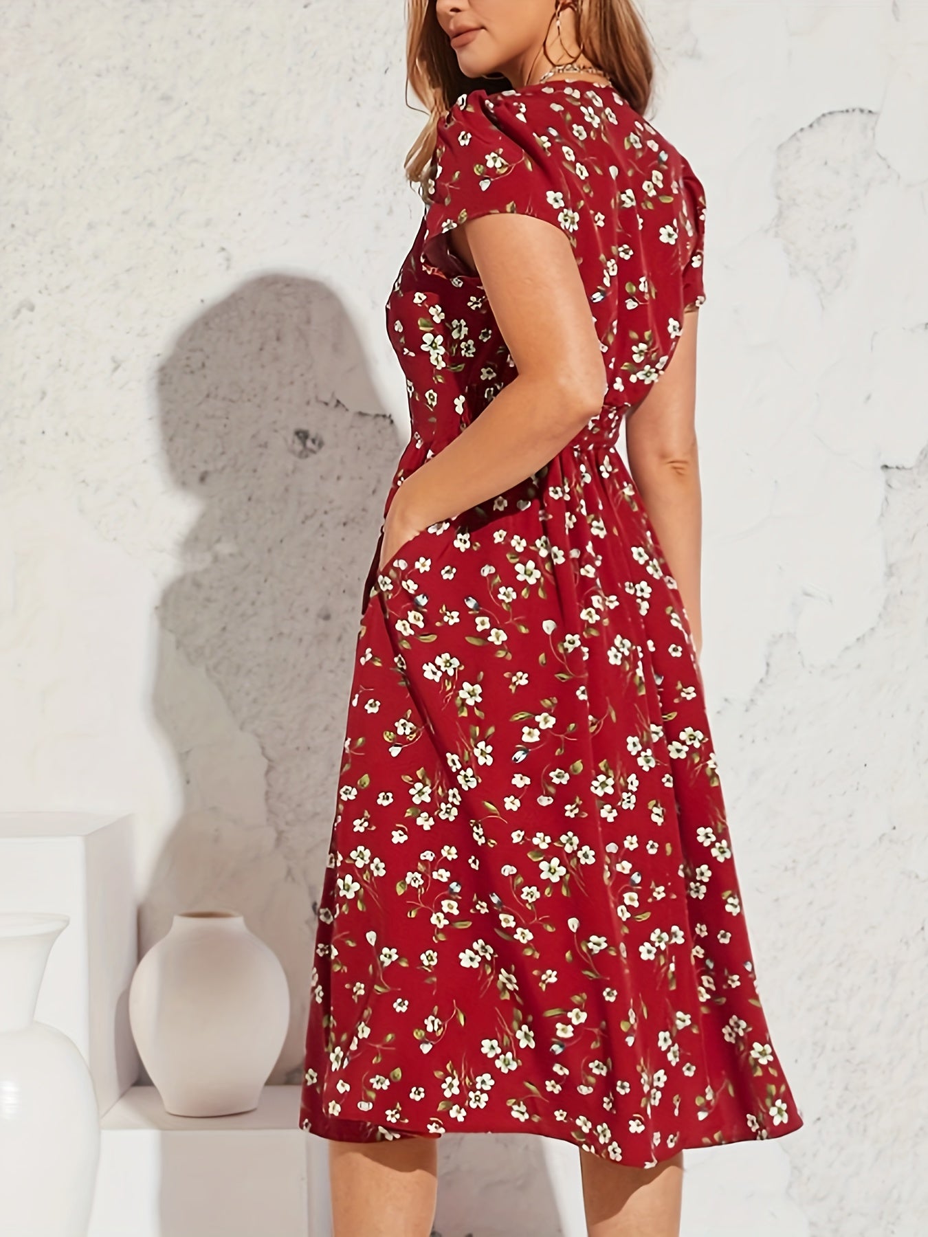 Floral Print V Neck Dress, Elegant Short Sleeve Dress For Spring & Summer, Women's Clothing