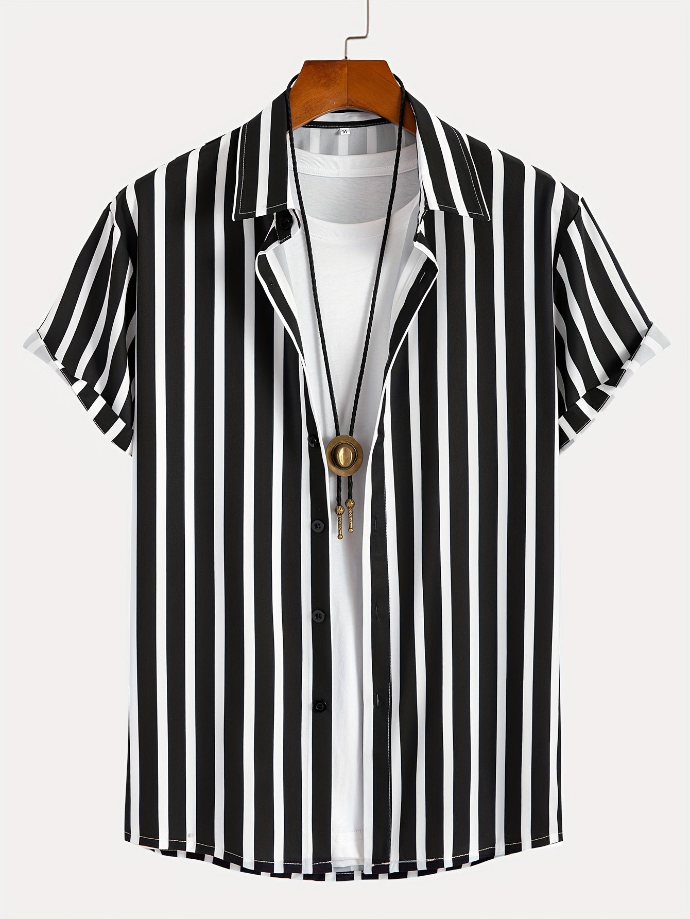 Men's Stylish Stripe Print Shirt, Casual Breathable Lapel Button Up Short Sleeve Shirt For Summer