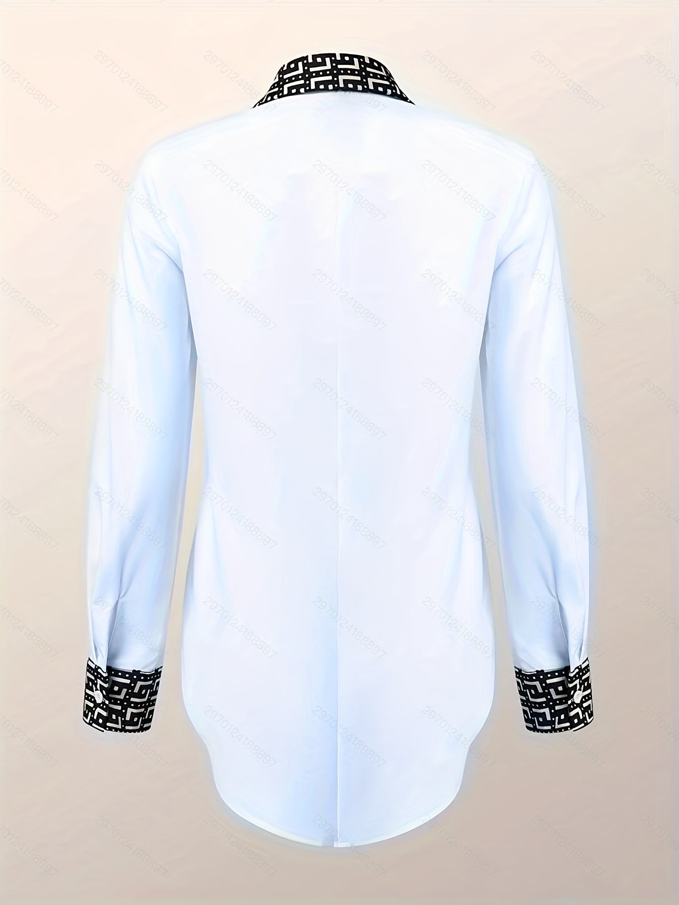 Plus Size Blusa Elegante, Camicia A Maniche Lunghe Con Colletto A Svolta E Bottoni Divisi Con Orlo Curvo Per Donne Con Stampa Geo