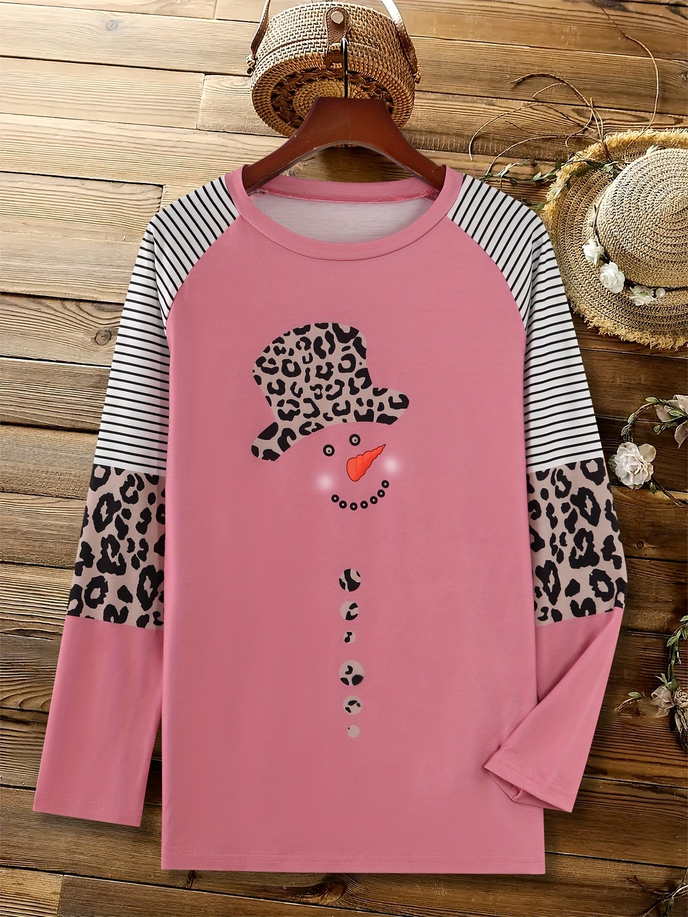 Snowman Leopard Print Sweatshirt, Casual Crew Neck Long Sleeve Sweatshirt, Women's Clothing