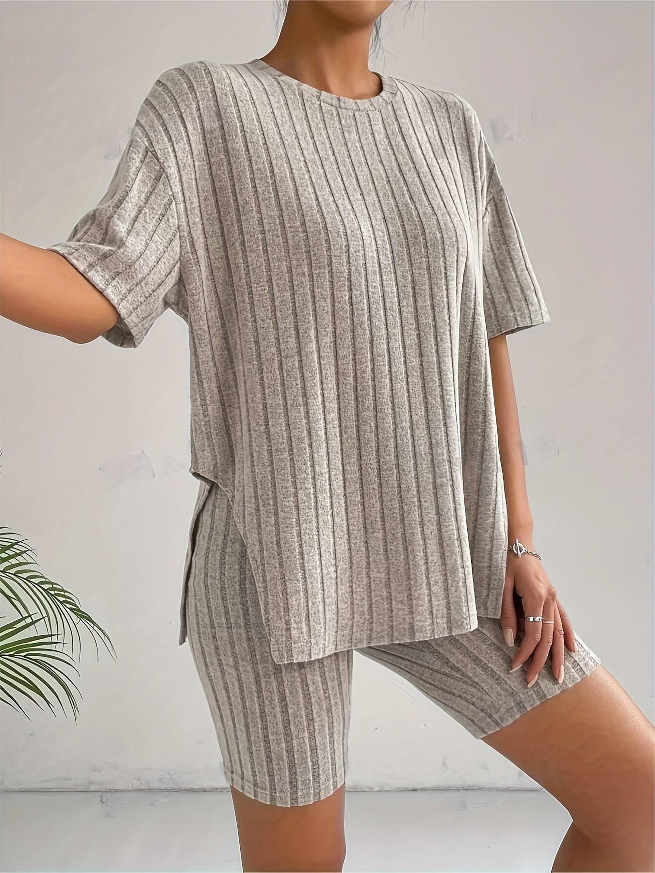 Casual Ribbed Shorts Set, Crew Neck Drop Shoulder Split T-shirt & Cropped Skinny Leggings, Women's Clothing