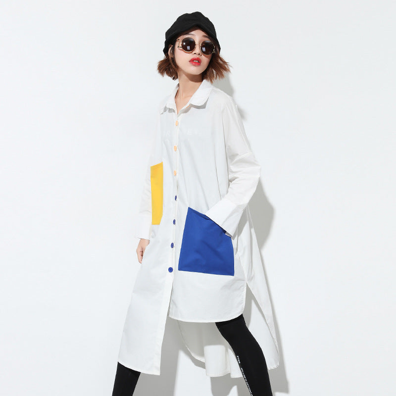 17615 Personality contrast tunnel buckle loose casual long sleeve shirt female irregular long shirt tide