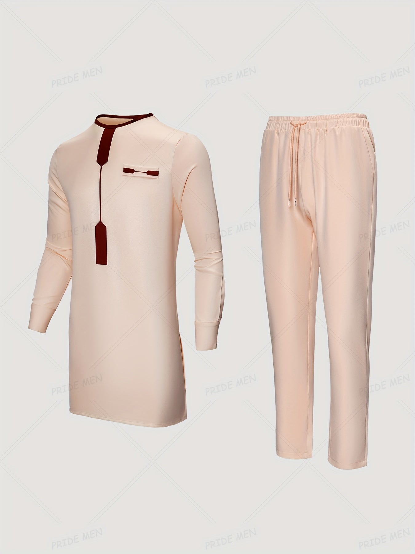 Men's Outfit Set, Crew Neck Long Sleeve Robes And Drawstring Trousers, 2 In 1 Set For Cultural Activities In African