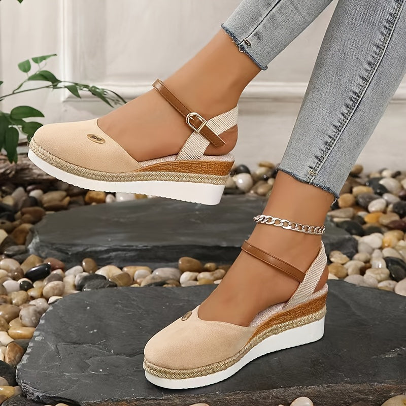 Women's Soldi Color Trendy Sandals, Ankle Buckle Strap Platform Comfy Shoes, Closed Toe Versatile Wedge Shoes