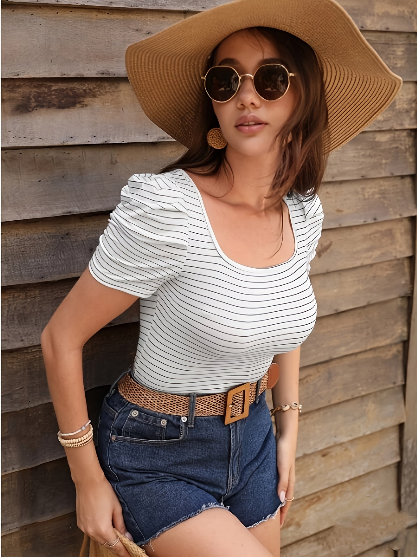 Striped Crew Neck T-shirt, Casual Ruched Sleeve Top For Spring & Summer, Women's Clothing