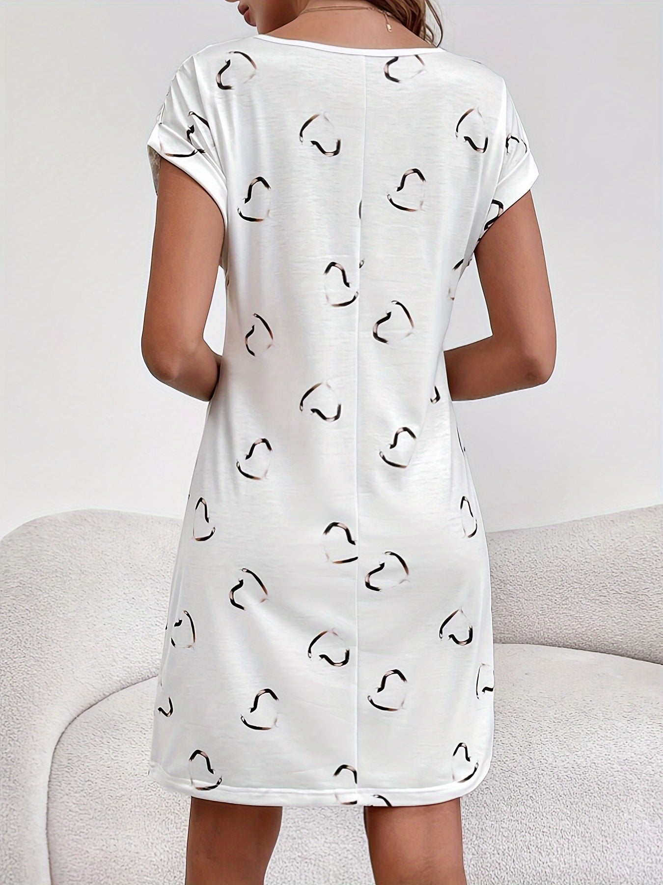 Heart Print Short Sleeve Dress, Casual Crew Neck Contrast Lace Dress For Spring & Summer, Women's Clothing