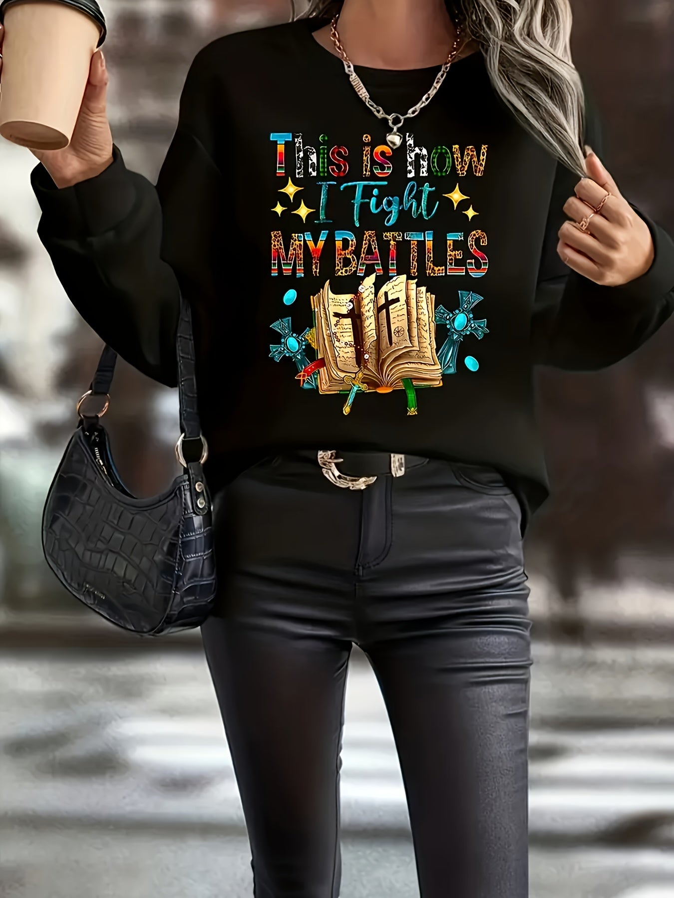 Cross & Bible Print Felpa Con Cappuccio, Felpa Con Collo A Giro A Maniche Lunghe Casual, Abbigliamento Da Donna