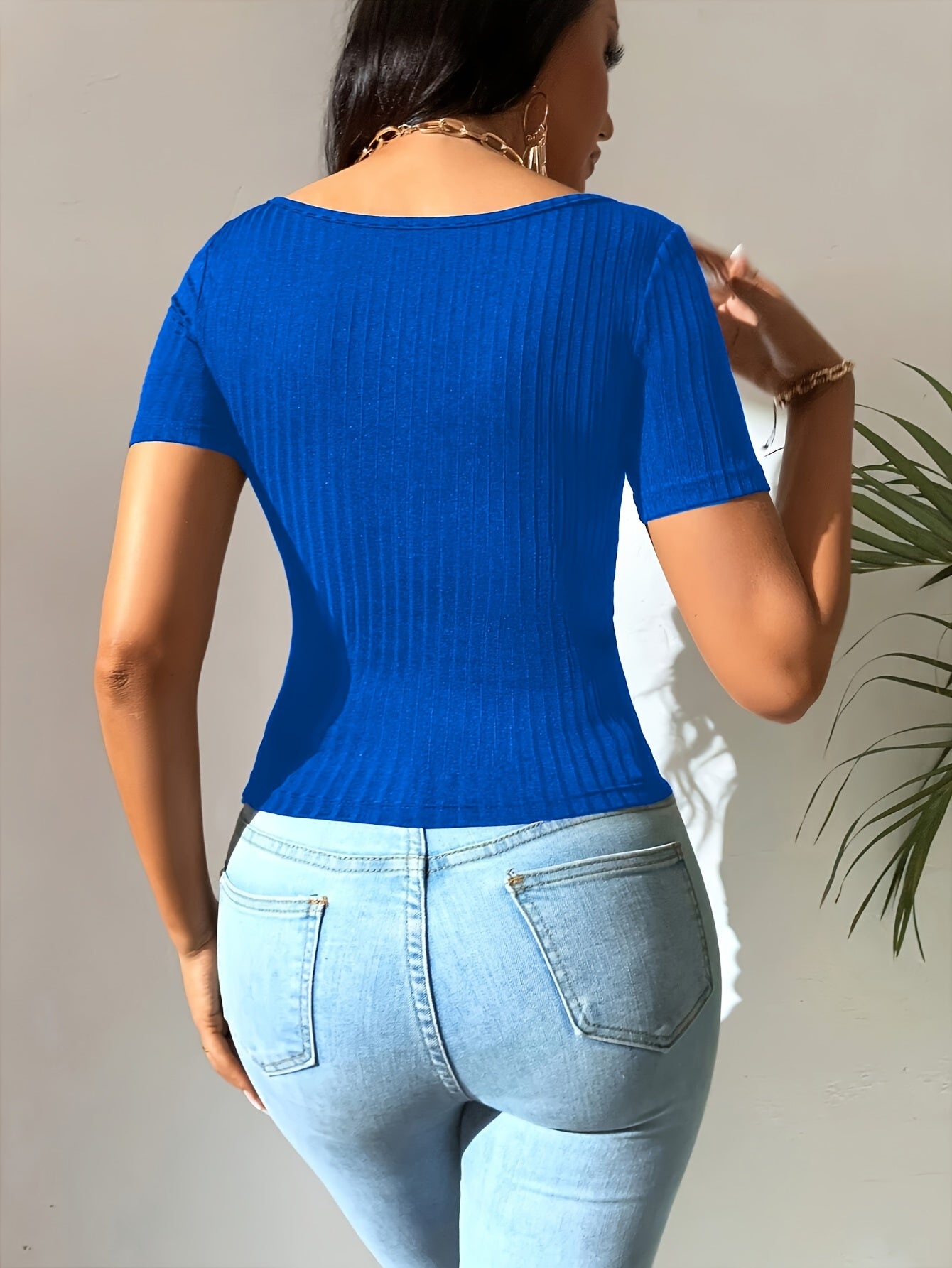Solid Square Neck T-shirt, Casual Short Sleeve Top For Spring & Summer, Women's Clothing