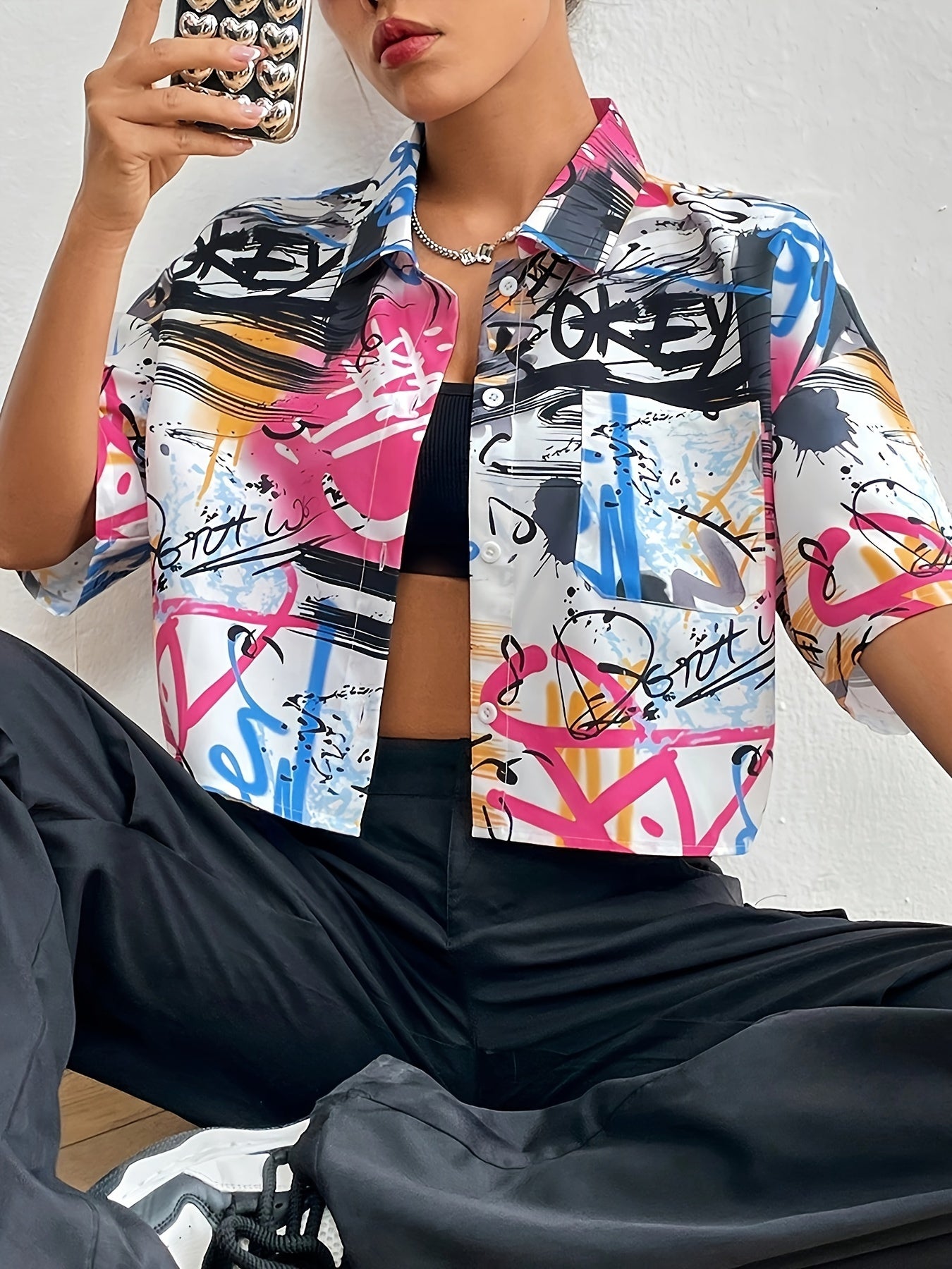 Allover Print Button Front Shirt, Casual Short Sleeve Shirt For Spring & Summer, Women's Clothing