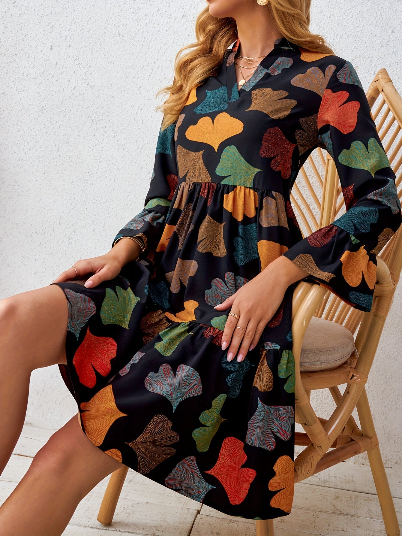 Floral Print V Neck Dress, Vintage Long Sleeve Dress For Spring & Fall, Women's Clothing
