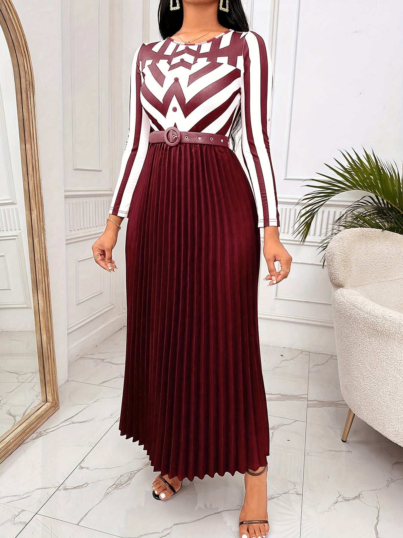 Graphic Print Belted Dress, Elegant Pleated Long Sleeve Dress For Spring & Fall, Women's Clothing
