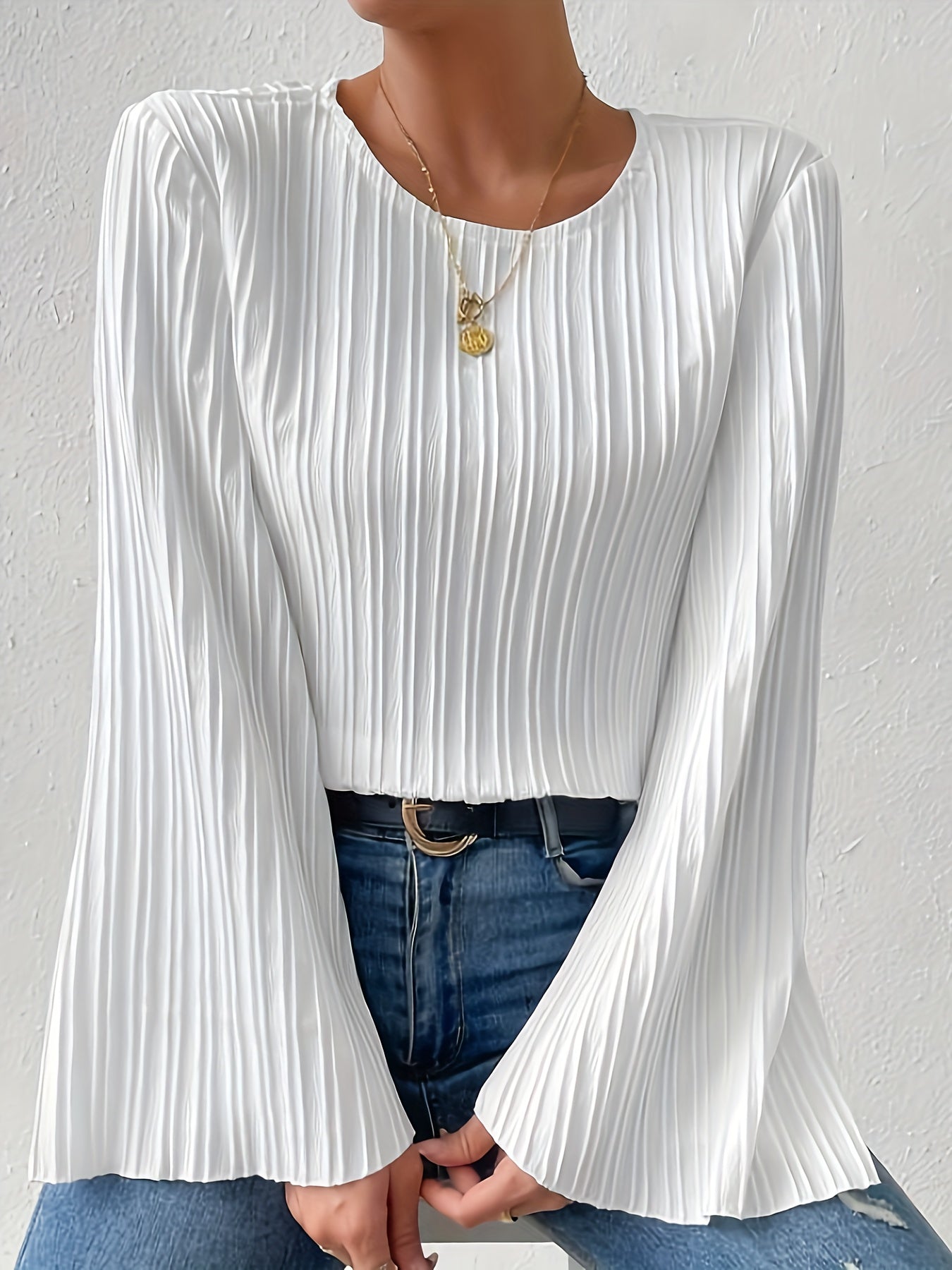 Solid Color Crew Neck T-Shirt, Casual Flare Sleeve T-Shirt For Spring & Fall, Women's Clothing