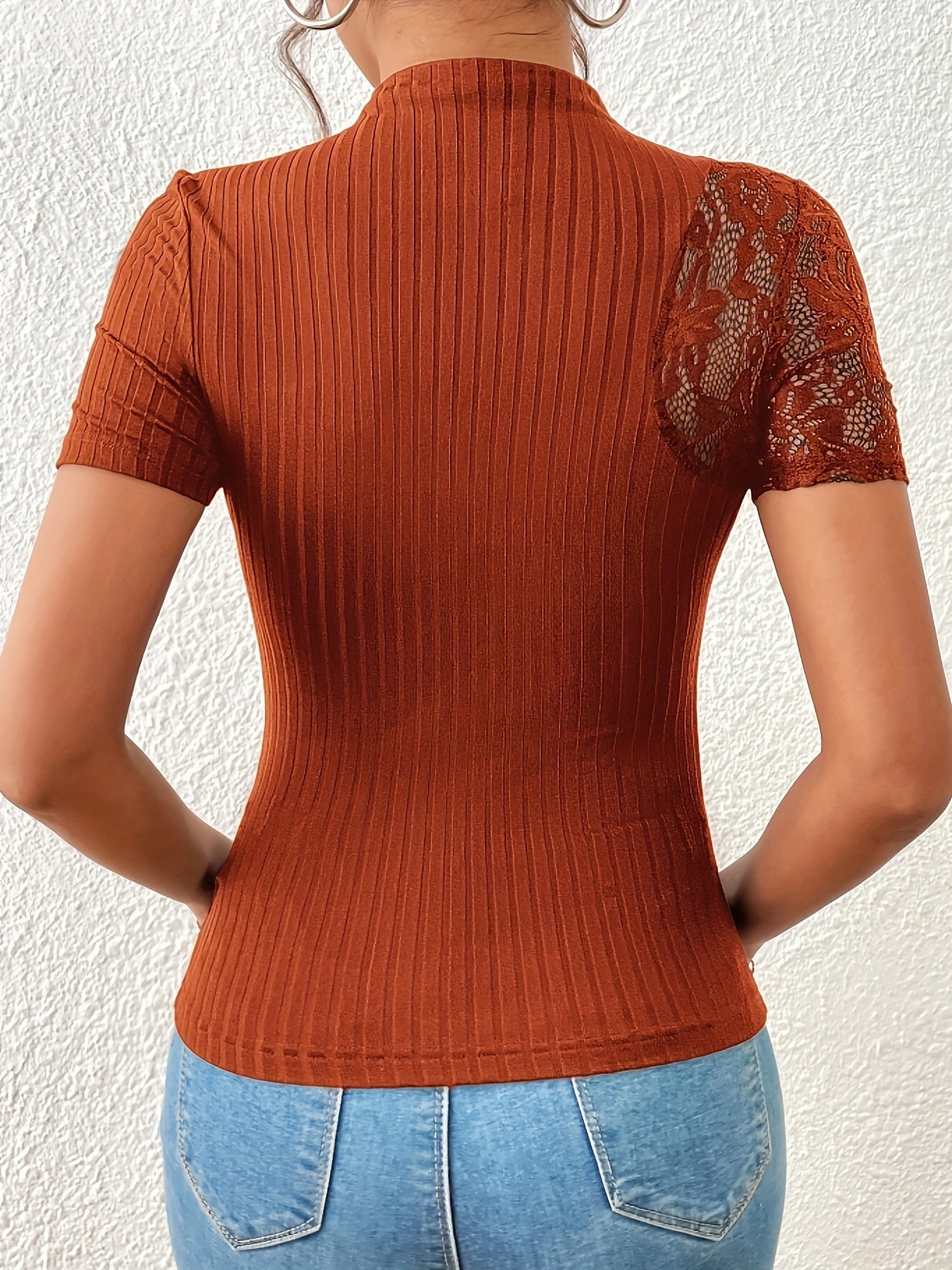 Lace Panel Mock Neck T-Shirt, Casual Short Sleeve Ribbed T-Shirt For Spring & Summer, Women's Clothing