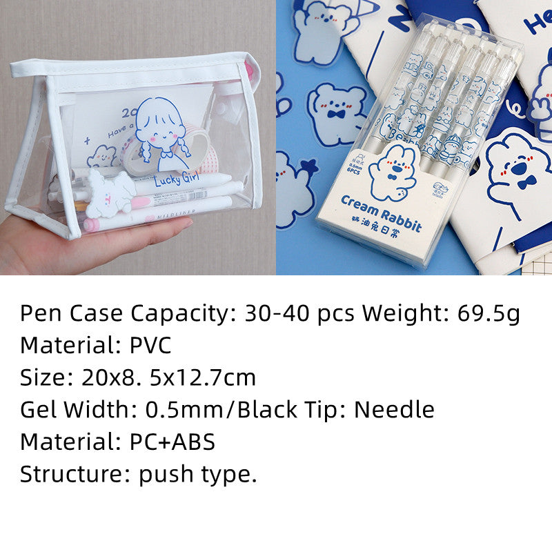 Pen case with stationery items and product details on a white background
