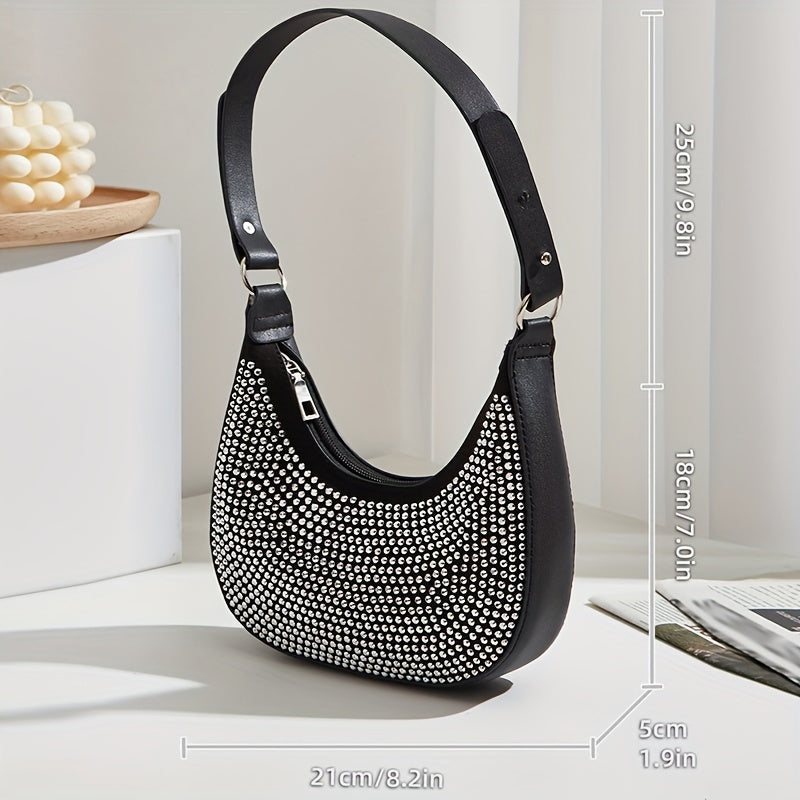 Rhinestone Shoulder Bag, Luxury Crescent Handbag For Women, Trendy Underarm Bag & Purse