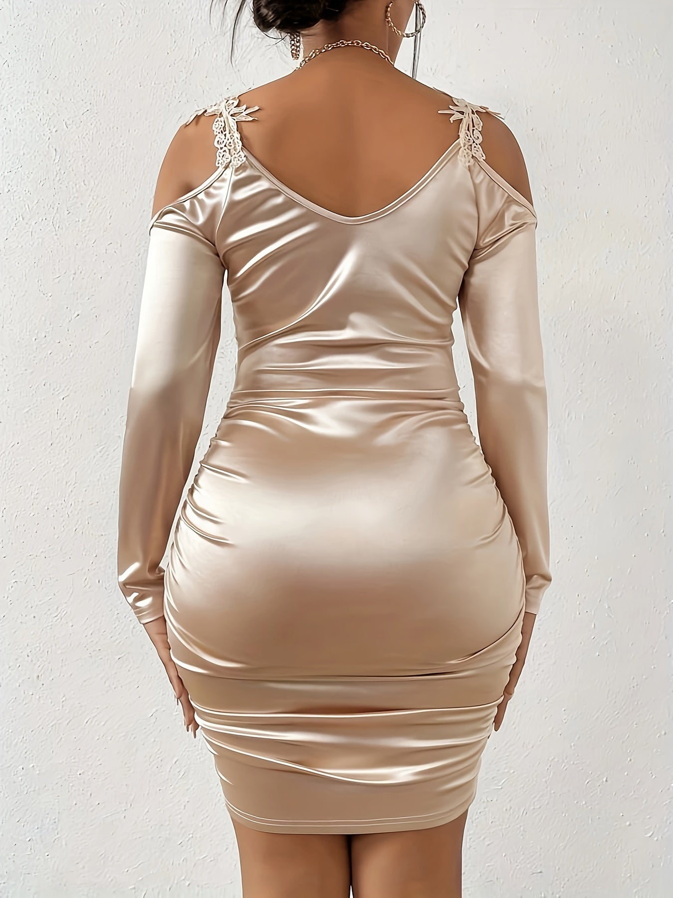 Satin Contrast Guipure Lace Bodycon Dress, Elegant Cold Shoulder Ruched Dress, Women's Clothing