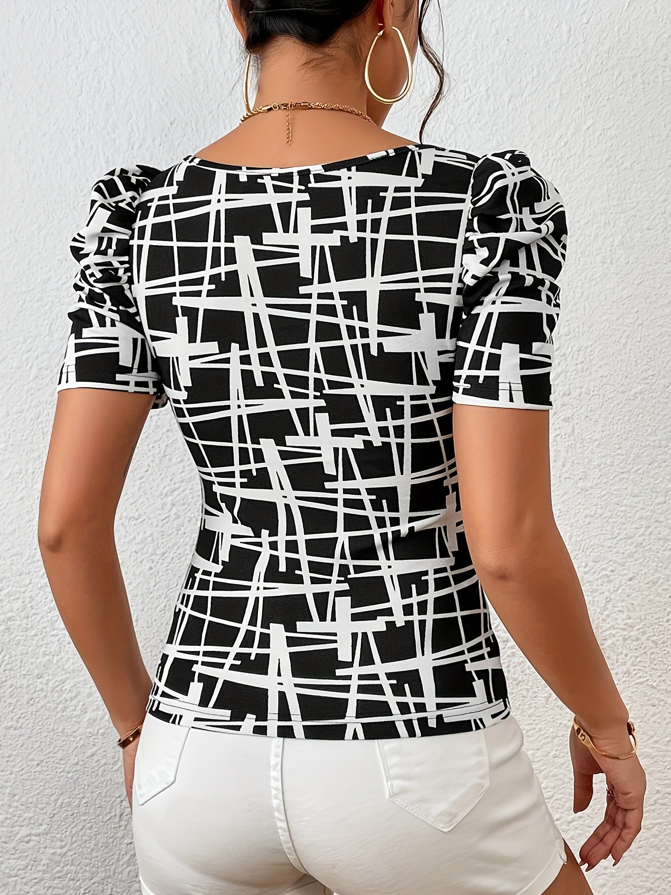 Geo Print Square Neck T-Shirt, Casual Short Sleeve T-Shirt For Spring & Summer, Women's Clothing