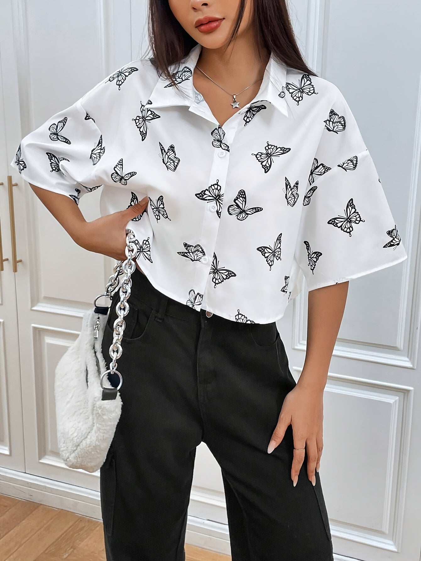 Butterfly Print Button Front Crop Blouse, Vintage Drop Shoulder Blouse For Spring & Summer, Women's Clothing