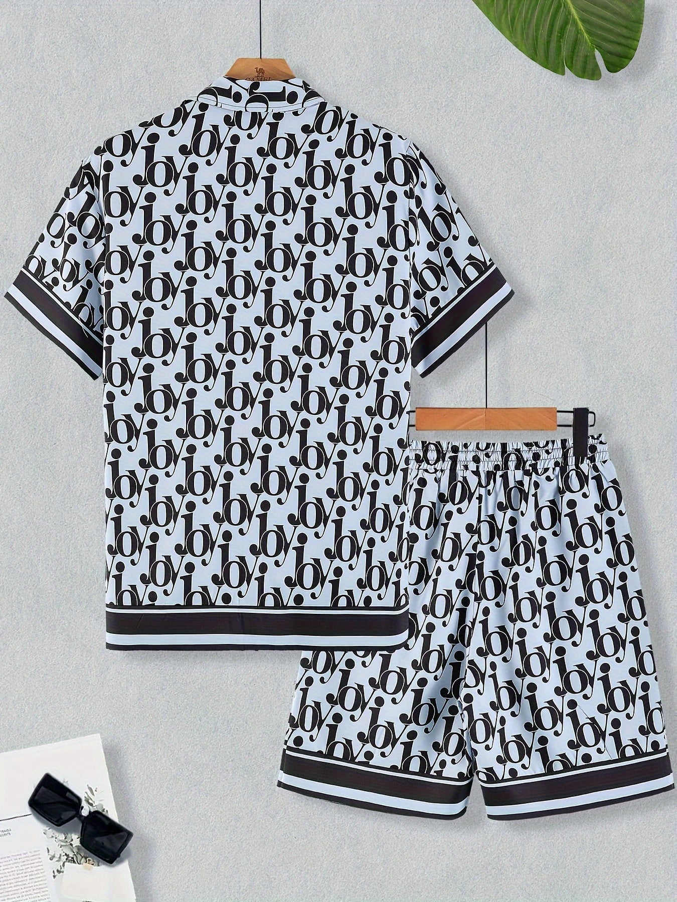 Joy All Over Print, Men's 2Pcs Outfits, Casual Camp Collar Lapel Button Up Short Sleeve Shirts Hawaiian Shirt And Drawstring Shorts Set For Summer, Men's Clothing