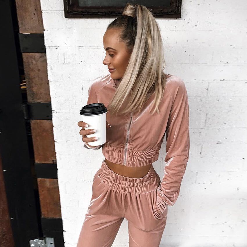 Cross-border sweater two-piece women's 2021 winter new style AliExpress sports trend suede casual suit women