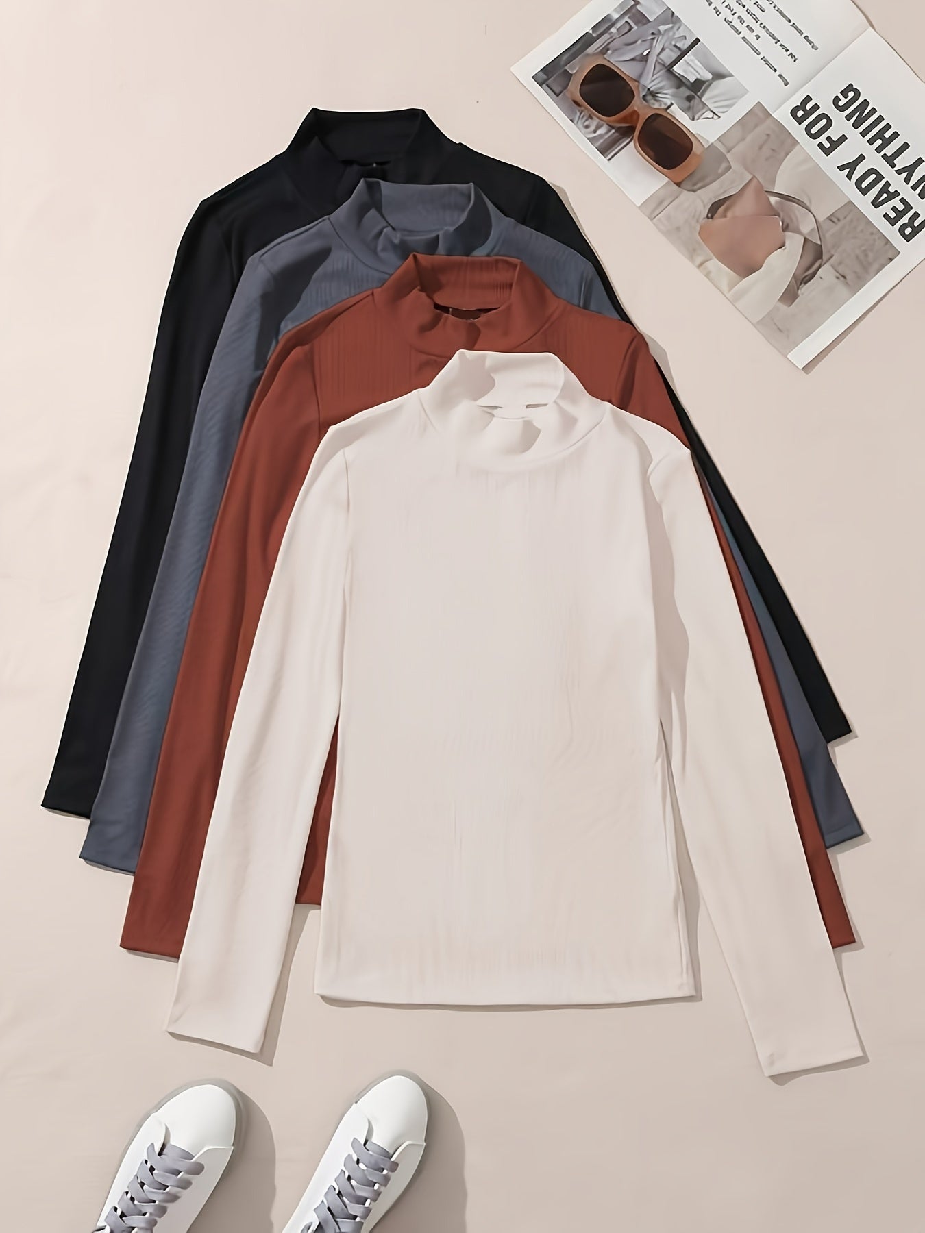 Solid Mock Neck T-shirt 4 Pack, Versatile Long Sleeve Top For Spring & Fall, Women's Clothing