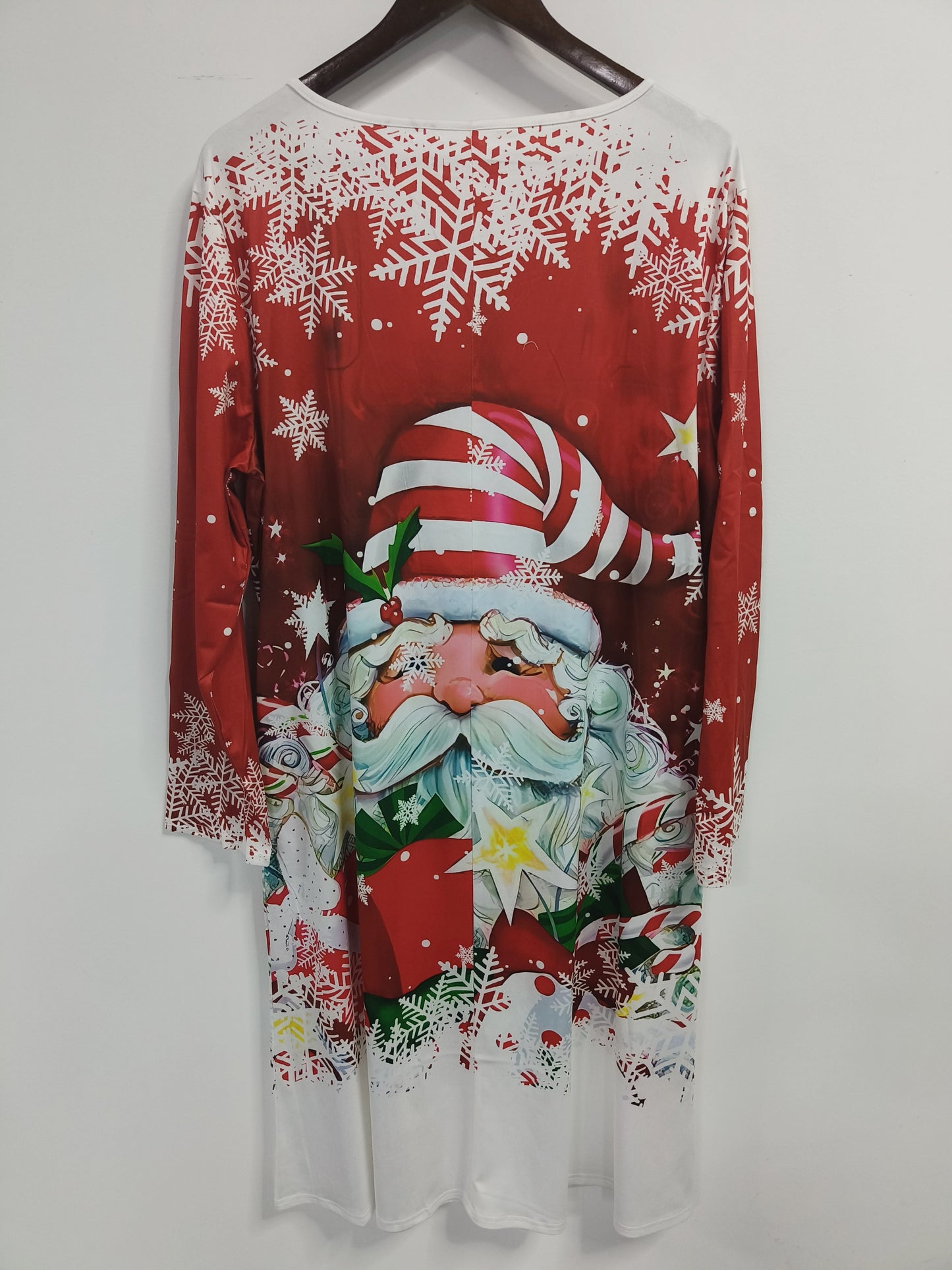 Plus Size Christmas Dress, Women's Plus Santa Claus Print Long Sleeve Round Neck Knee Length Dress With Pockets