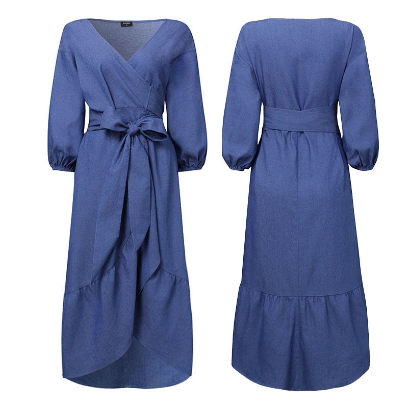 Demin Sundress Women Long Dress 3/4 Lantern Sleeve Sundress