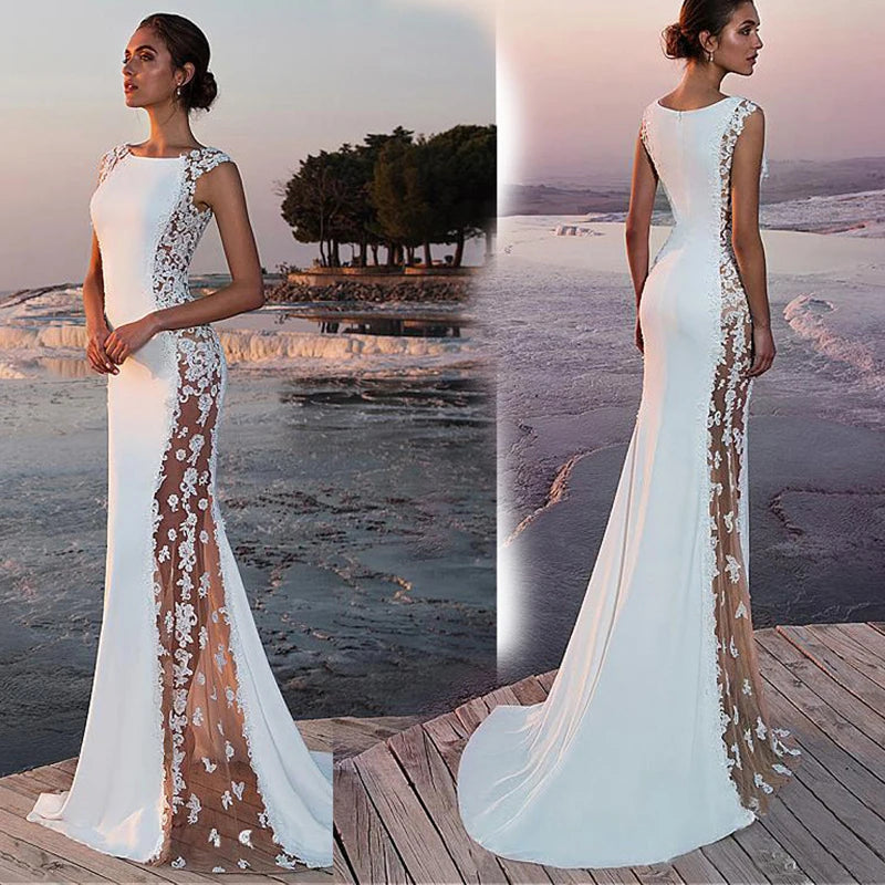 Women Dress Lace Sleeveless Sexy Long Evening Party Ball Gown Bodycon Prom Gown Elegant Ladies Formal White Floral Print Clothes