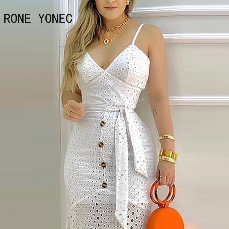 Hnewly Women Hollow-out Button Design Spaghetti Strap Lace Dress With Belt & Lining Casual Maxi Dress Vacation Dress