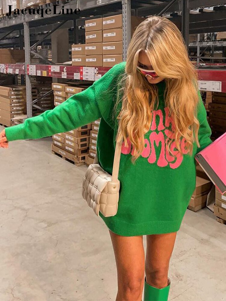 Jacuqeline 2022 Y2K Green Knitted Women Sweater Dress Fairy Grunge Oversize Long Sleeve O Neck Mini Woman Dresses Autumn Winter