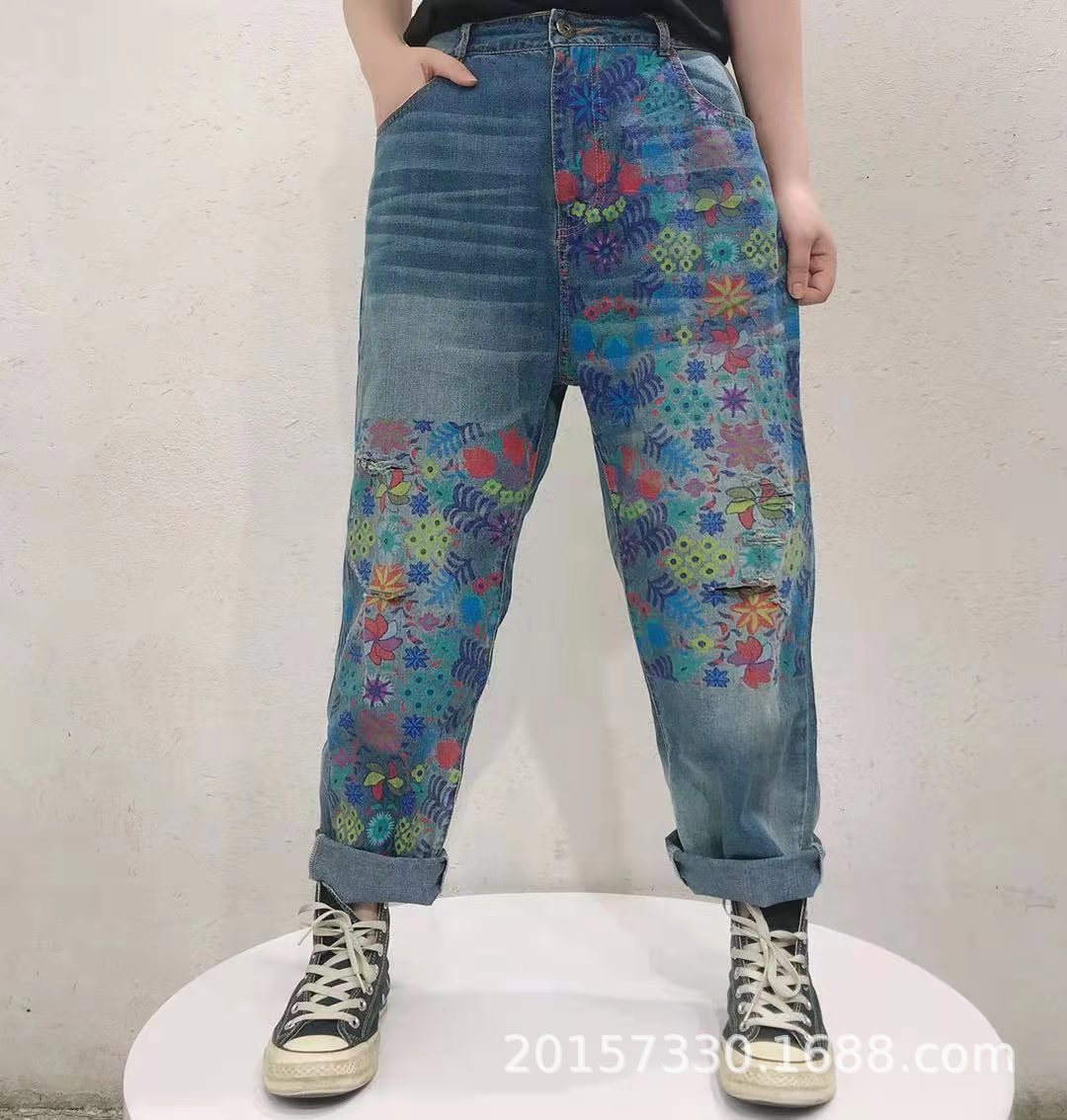 Amazon spring and autumn new retro jeans women's trousers Korean version of loose and thin washed distressed Harlan jeans