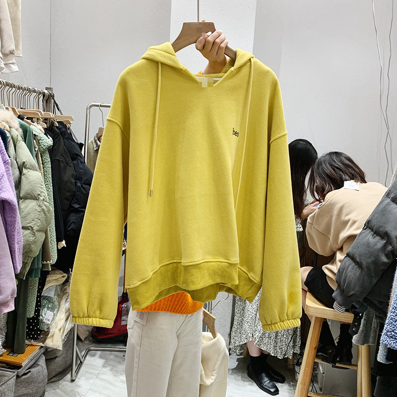 2021 autumn and winter new women's Korean version of long-sleeved hooded V-colored velvet thickened loose pullover casual sweater women tide