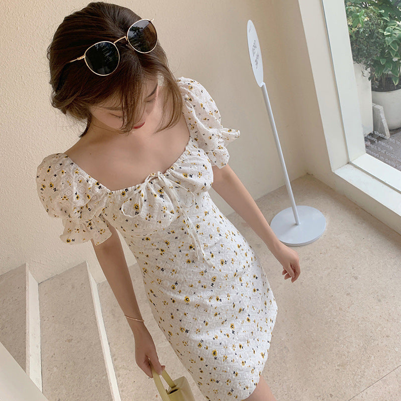 Fangchang Cross flower dress female 2021 summer new bubble sleeve tea break dress design small skirt