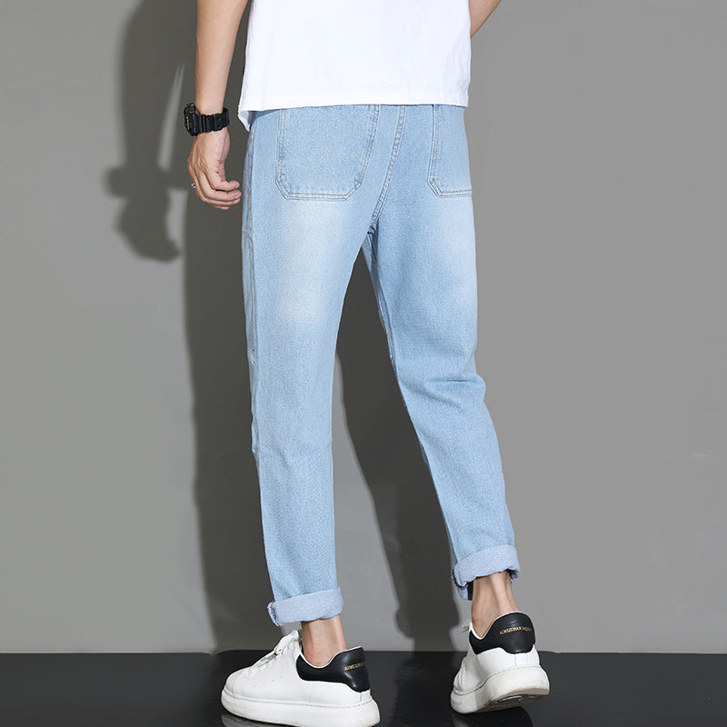 2021 youth wild original print hole jeans men's casual Korean version of the trend loose straight nine pants