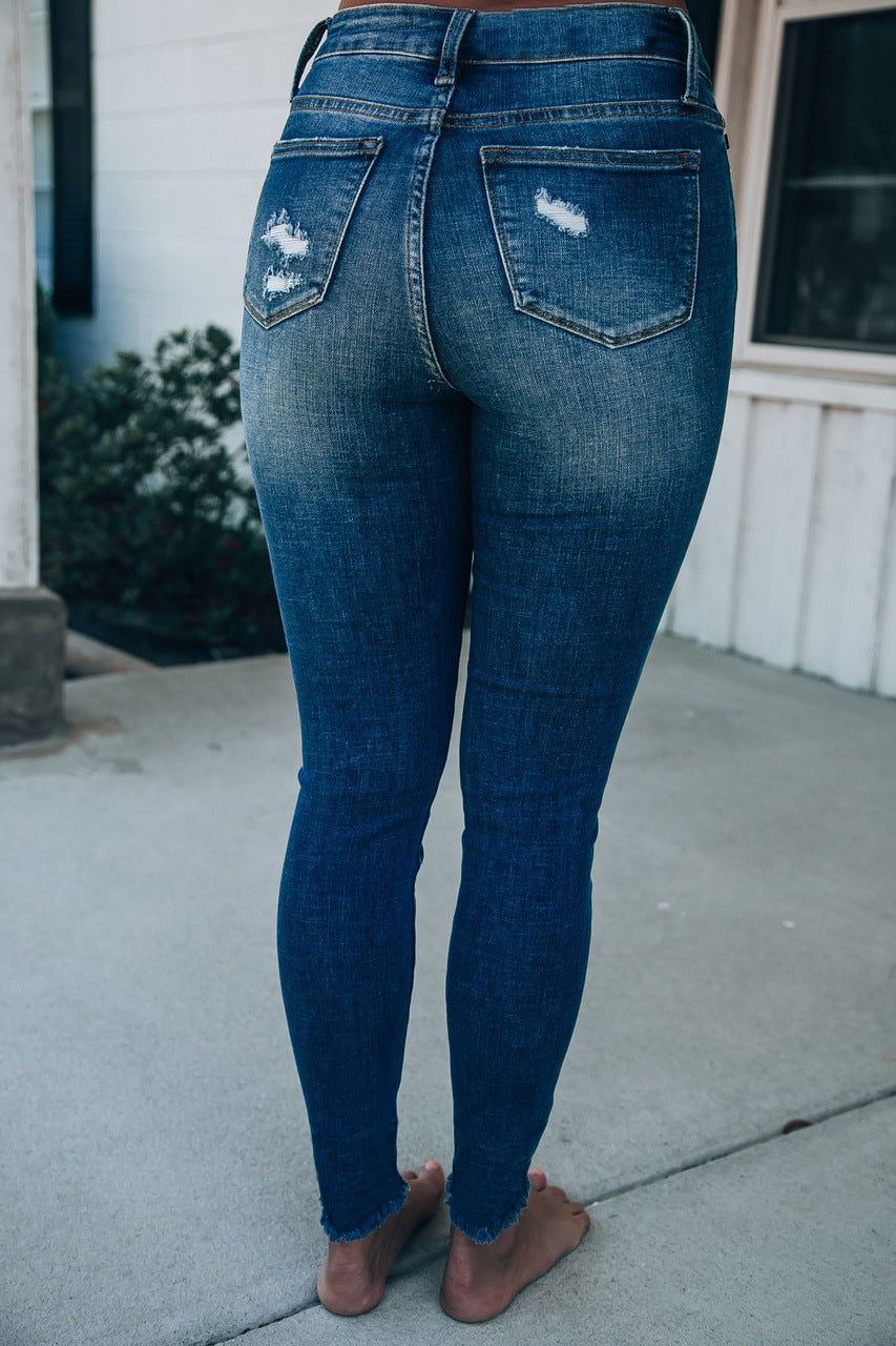 Europe and the United States cross-border autumn and winter new women's holes elastic high waist slim pants jeans