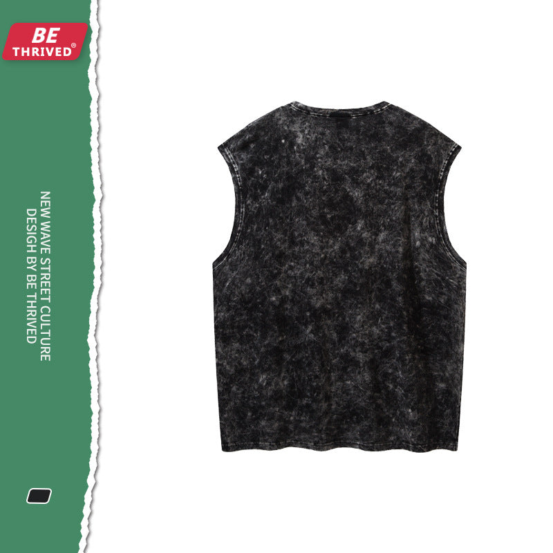 BE men's clothing 2021 summer heavy work is old burning print vest high street retro style small tide card sleeve TEE