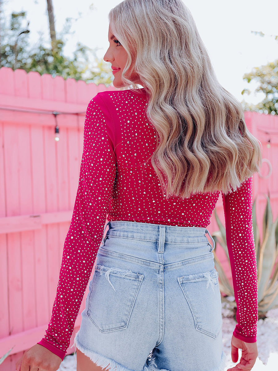 rose rhinestone small stand-up collar long-sleeved tights Amazon cross-border fashion outerwear jumpsuit