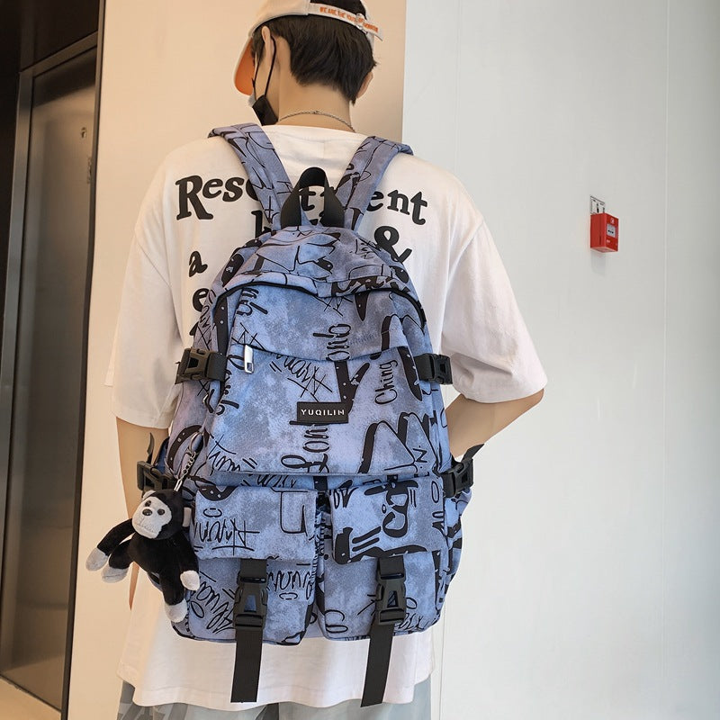 Korean version of the graffiti men's casual shoulder bag large capacity bag male fashion trend high school college students travel backpack