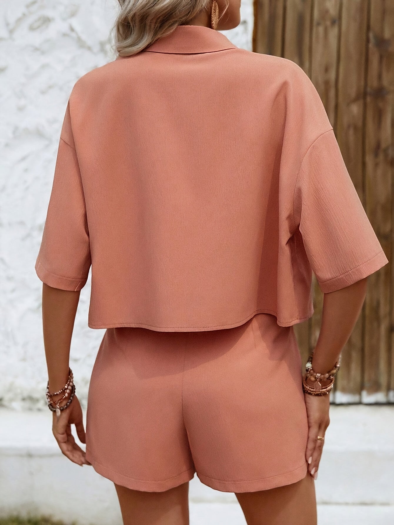 Button Up Slant Pocket Matching Two-piece Skirt Set, Casual Short Sleeve Lapel Top & Loose Shorts Outfits, Women's Clothing