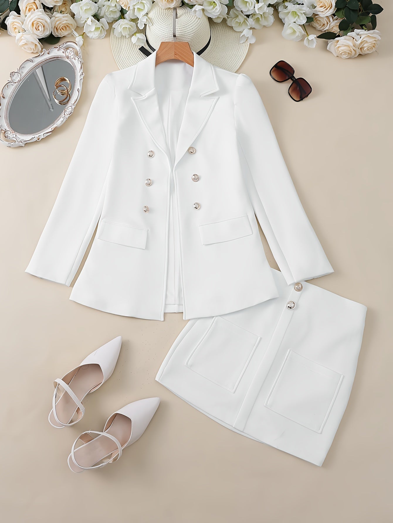 Elegant Two-piece Suit Set, Solid Color Double Breasted Blazer & Bodycon Skirt Outfits, Women's Clothing