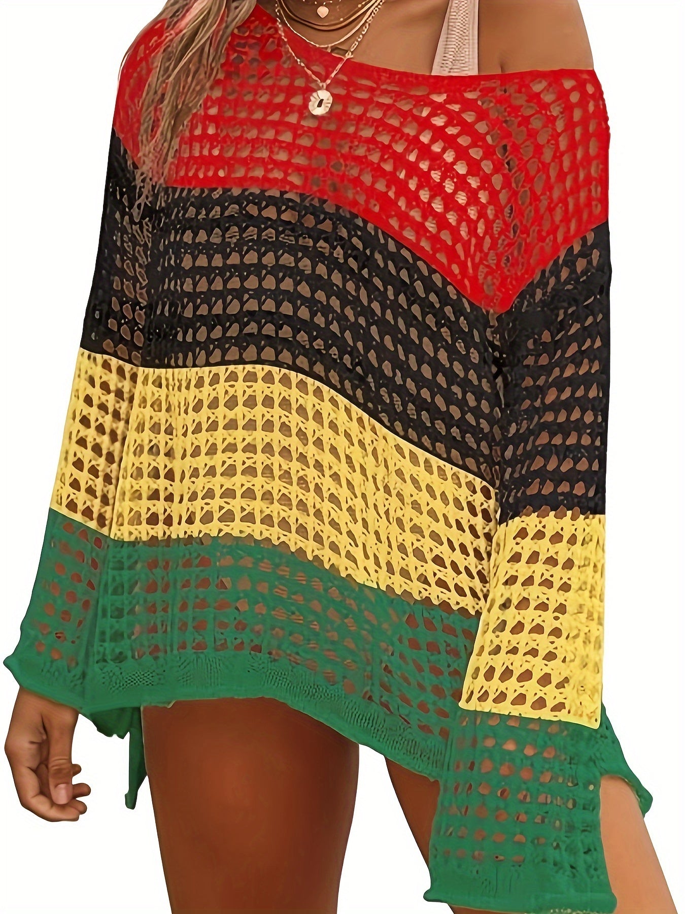 Plus Size Colorblock Striped Knitted Top, Casual Cut Out Long Sleeve Crochet Top, Women's Plus Size Clothing