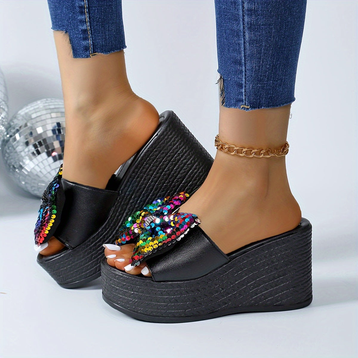 Women's Sequins Platform Wedge Slides, Fashion & Lightweight Slip On Vacation Sandals, Glitter Non-slip For Music Festival